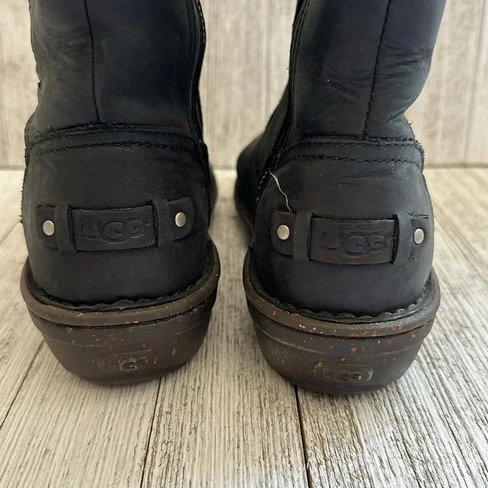 UGG Black Leather Mid Calf Wool Lined Side Zip Braid Detail Kaleen Boots